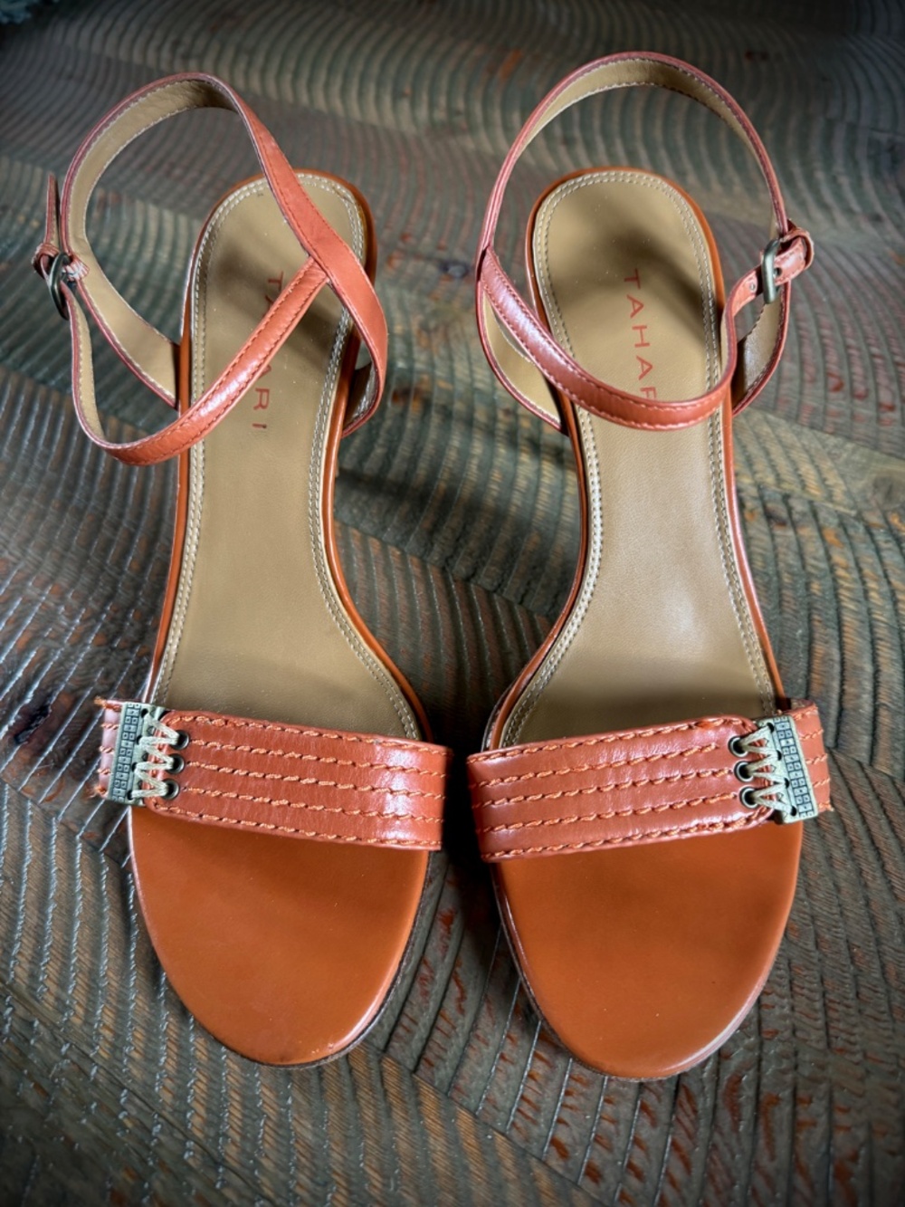 Tahari Strappy Heels with laced brass accent in burnt orange, size 8, excellent